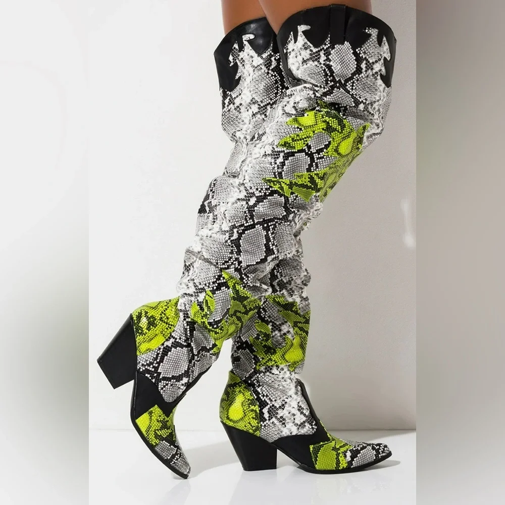 Cape Robbin Snake Print Over the Knee Boots - Black and Green
